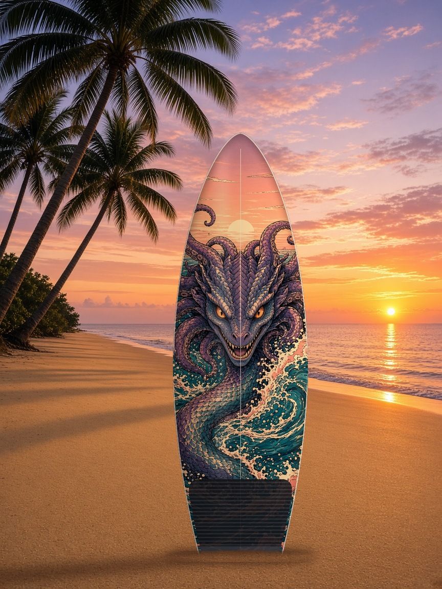 Kraken Serpent surfboard wrap, top side, Mythic Water collection