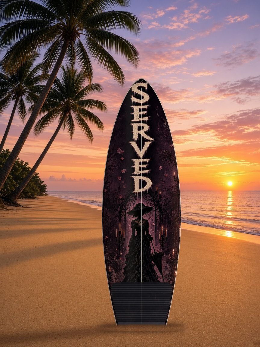 Lady In Black Served surfboard wrap, top side
