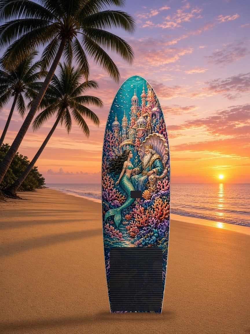 Mermaid Sea King Coral Kingdom paddleboard wrap, top side