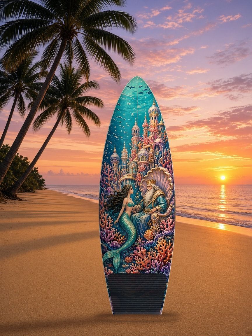 Mermaid Sea King Coral Kingdom surfboard wrap, top side