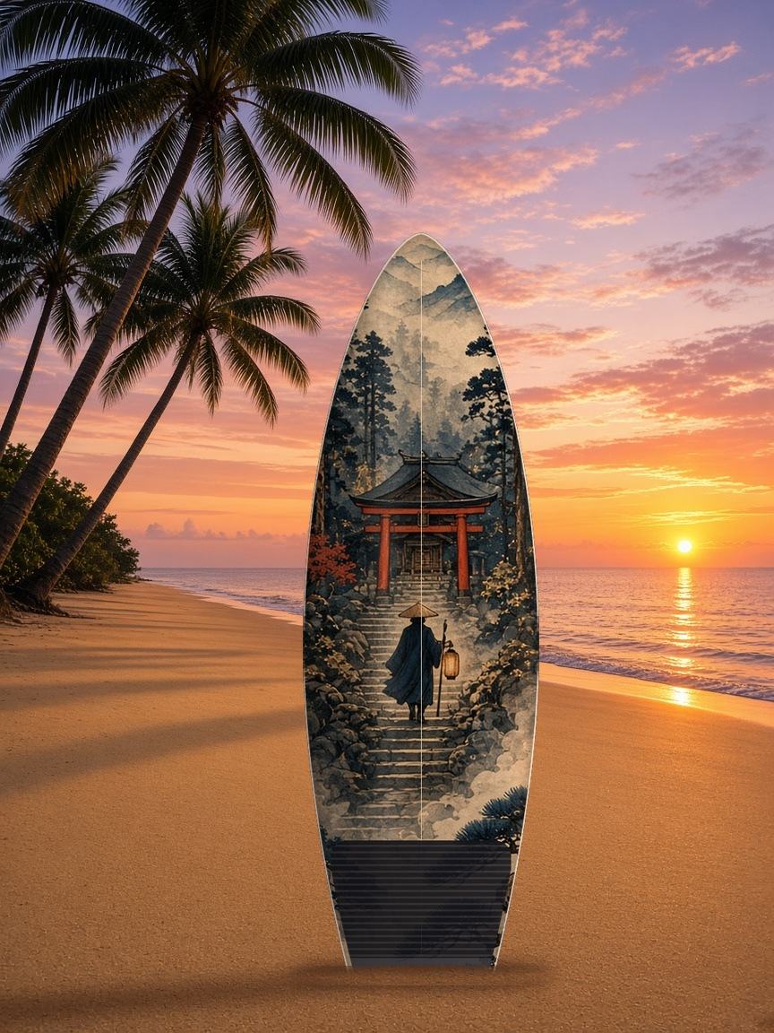 Misty Shrine Lone Wanderer surfboard wrap, top side