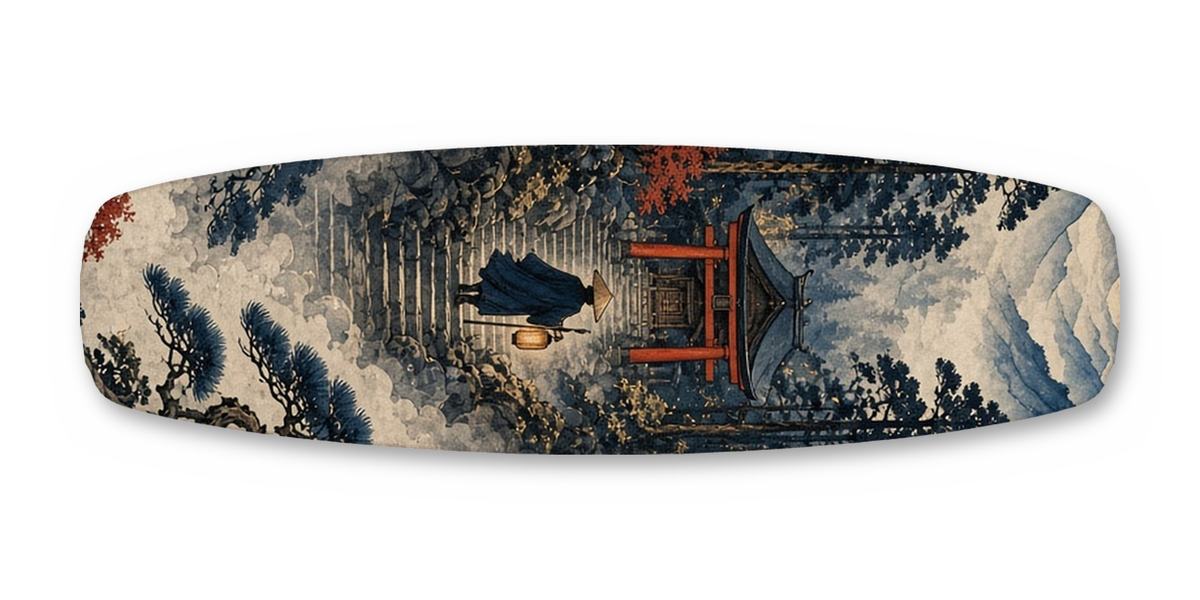Misty Shrine Lone Wanderer wakeboard, studio shot wrap, top side