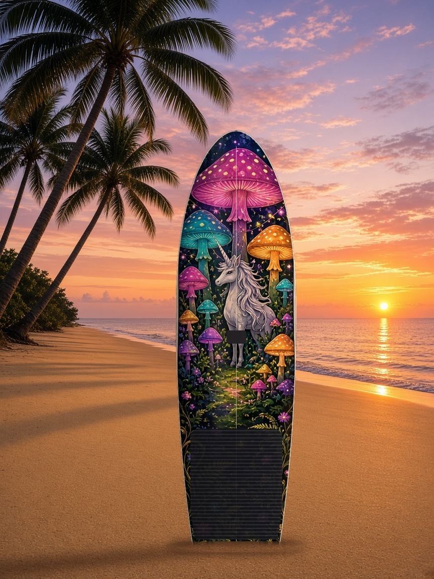 Mushroom Grove Unicorn paddleboard wrap, top side