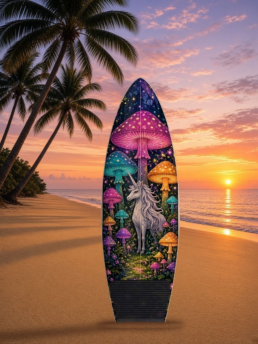 Mushroom Grove Unicorn surfboard wrap, top side