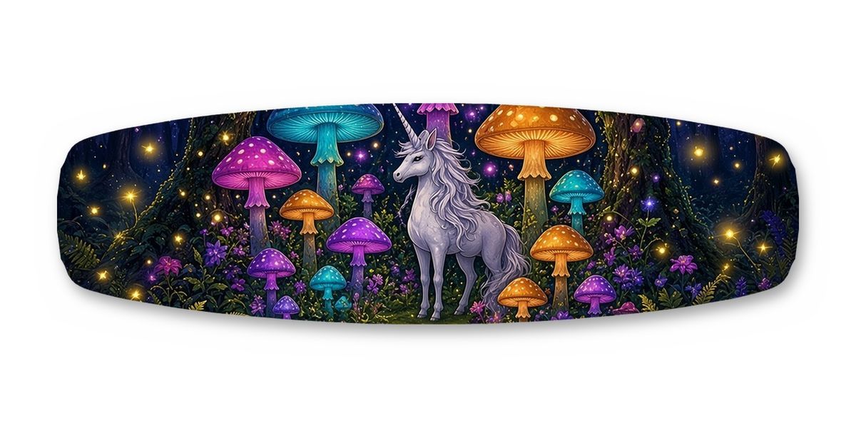 Mushroom Grove Unicorn wakeboard, studio shot wrap, top side