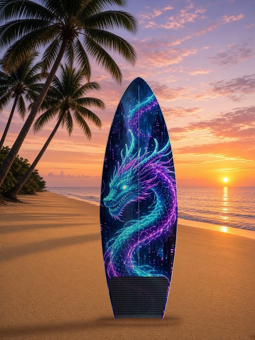 Neon Dragon Coil surfboard wrap, top side
