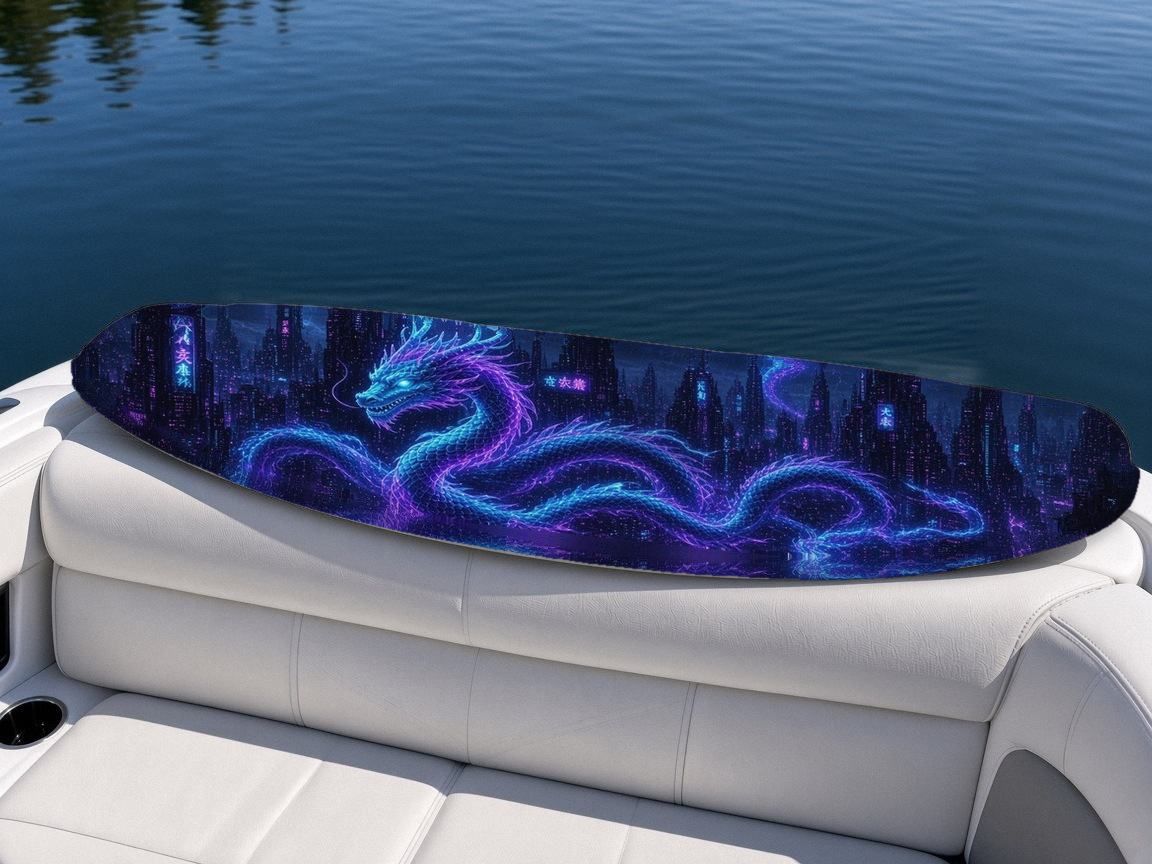 Neon Dragon Coil wakeboard, on the boat wrap, top side