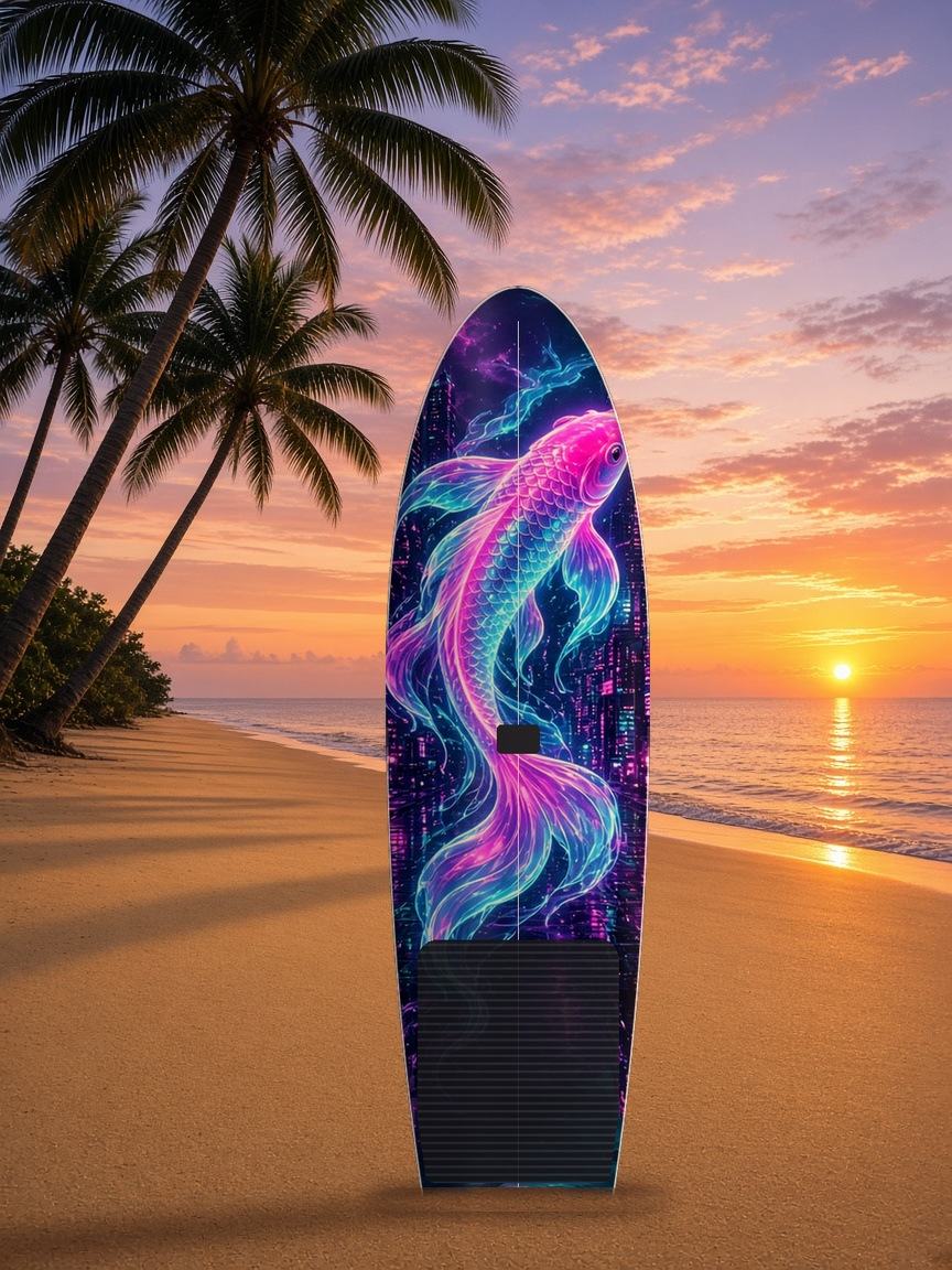 Neon Koi Skyline paddleboard wrap, top side