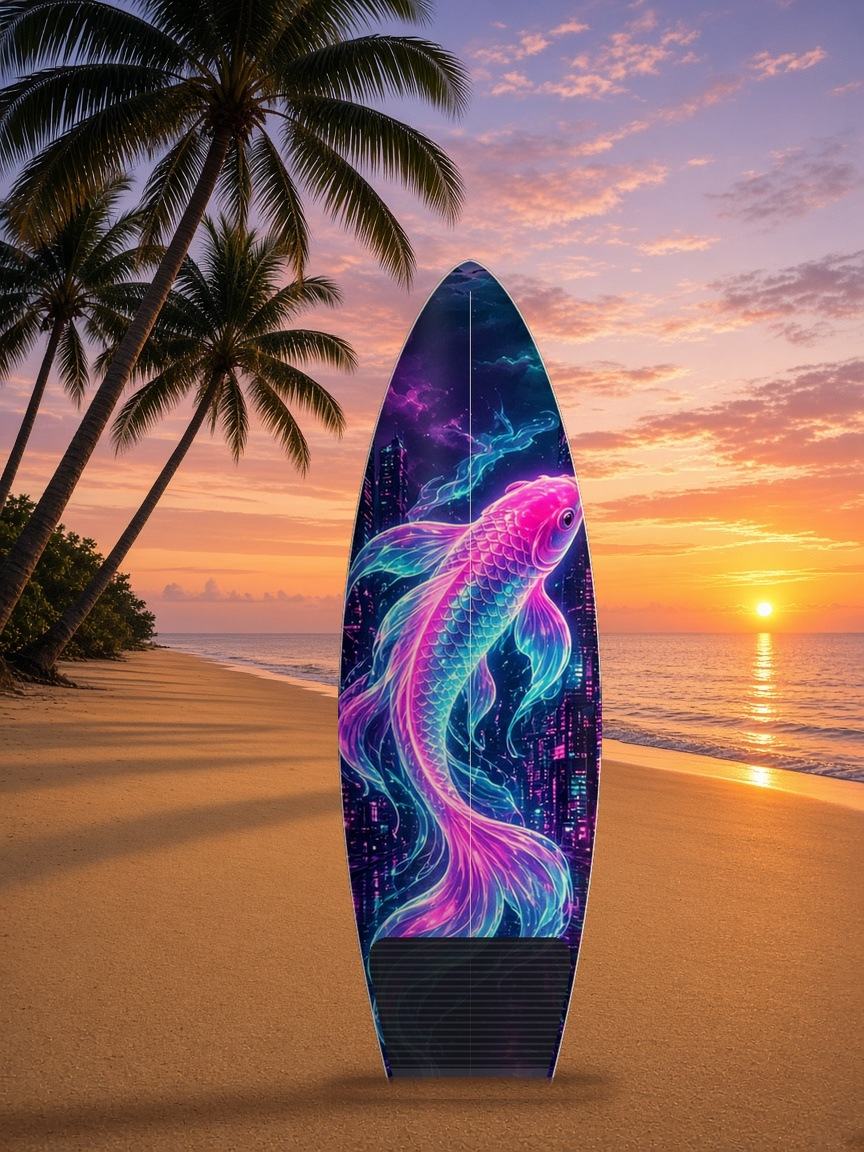 Neon Koi Skyline surfboard wrap, top side