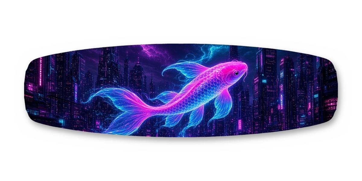 Neon Koi Skyline wakeboard, studio shot wrap, top side
