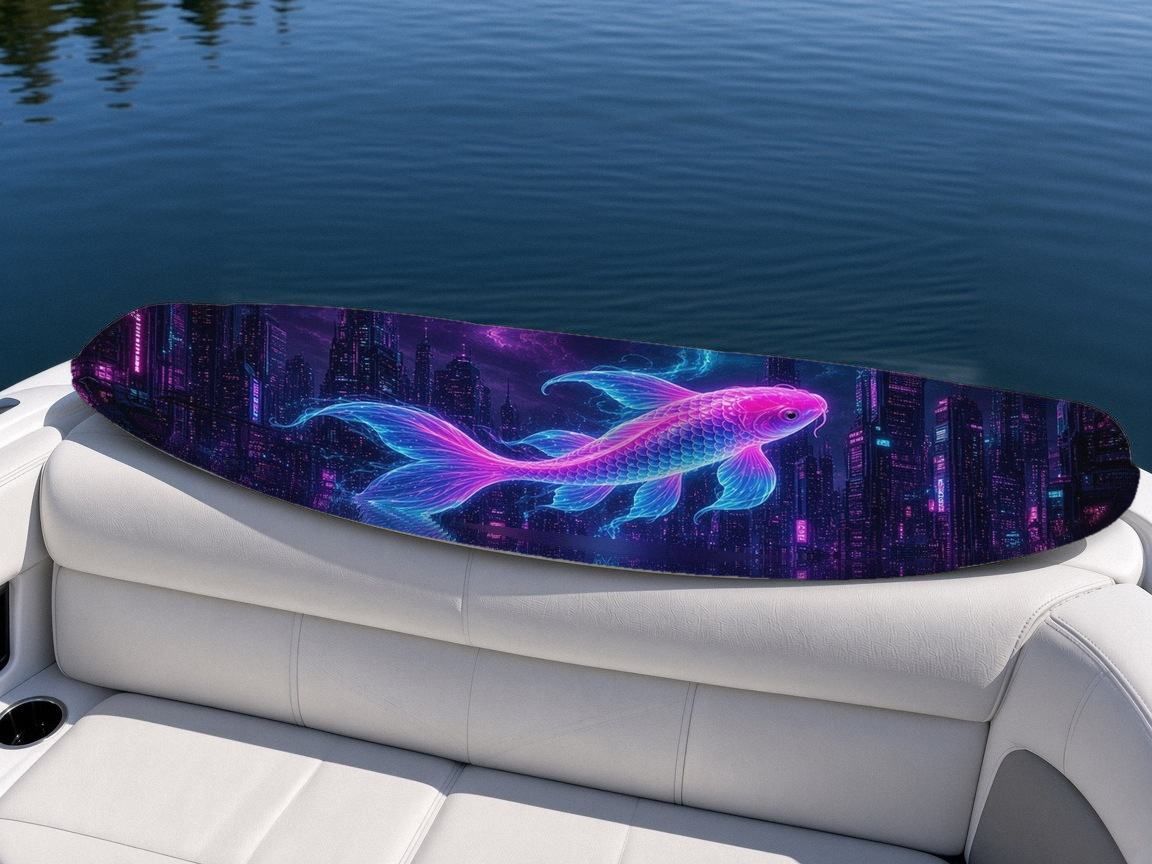 Neon Koi Skyline wakeboard, on the boat wrap, top side