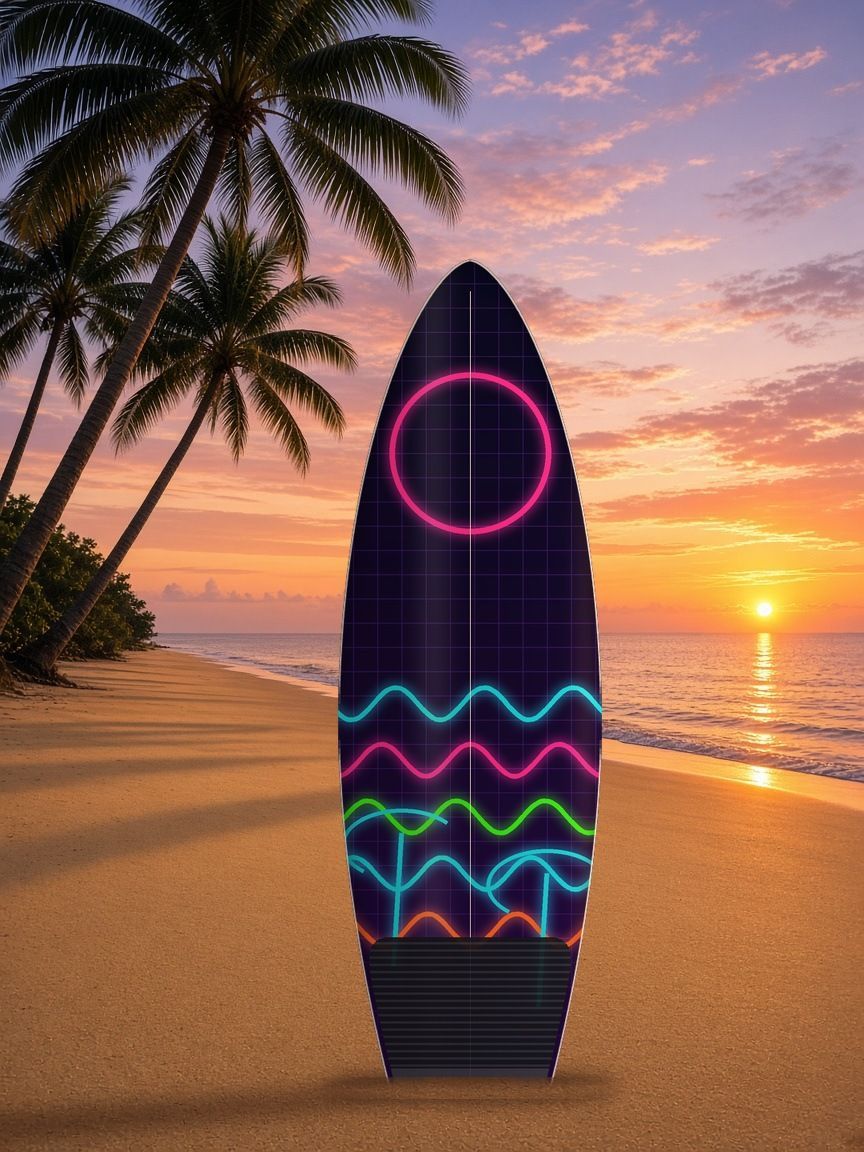 Neon Summer surfboard wrap, top side, Summer Water collection
