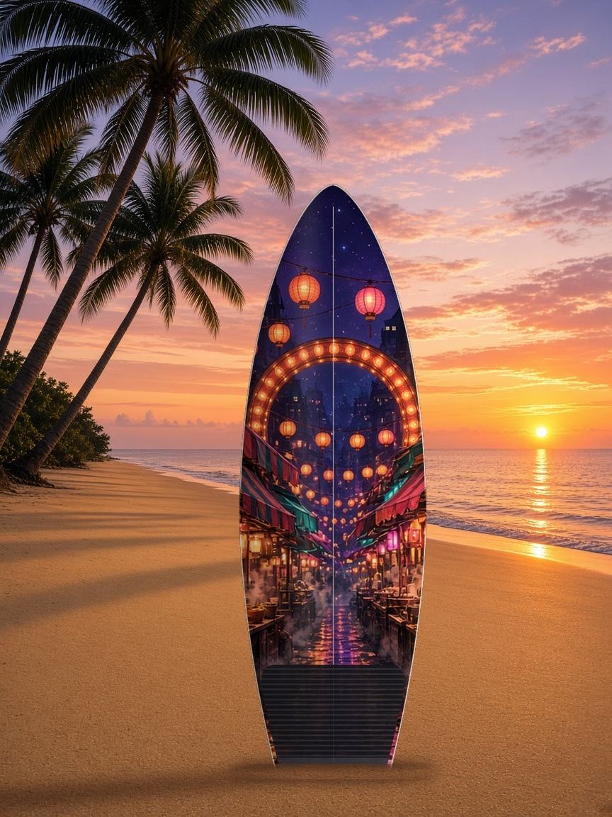 Night Market Lanterns surfboard wrap, top side