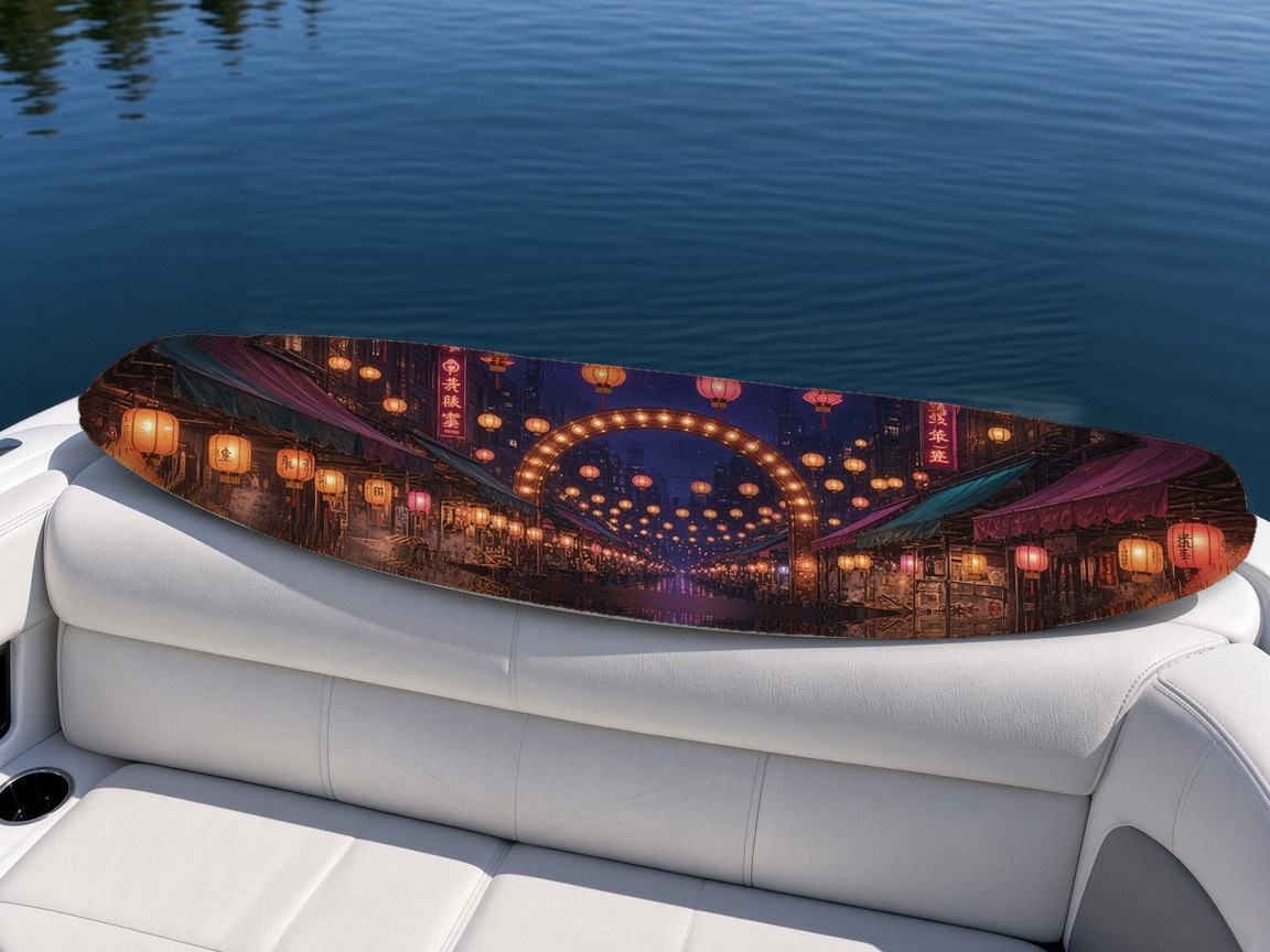 Night Market Lanterns wakeboard, on the boat wrap, top side