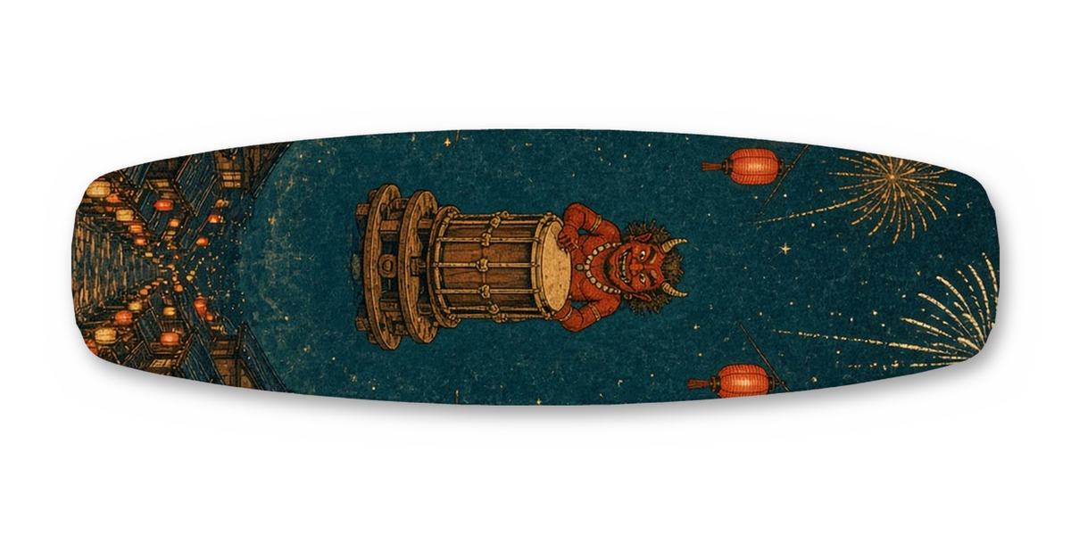 Oni Drum Festival wakeboard, studio shot wrap, top side