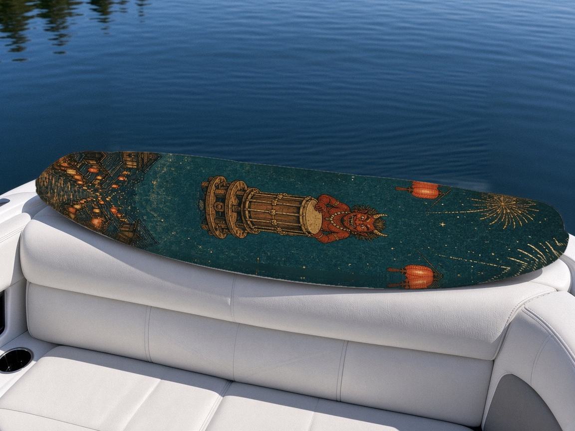 Oni Drum Festival wakeboard, on the boat wrap, top side