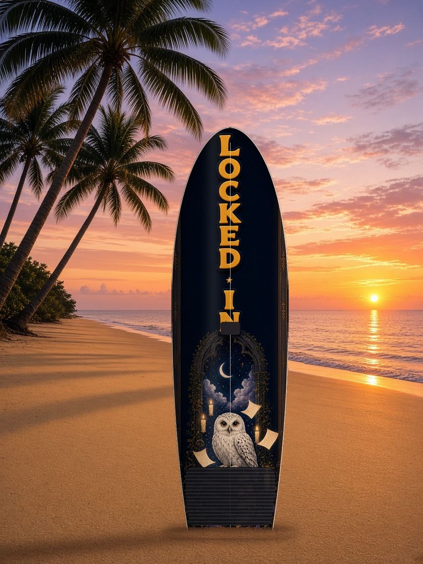 Owl Library Locked In paddleboard wrap, top side