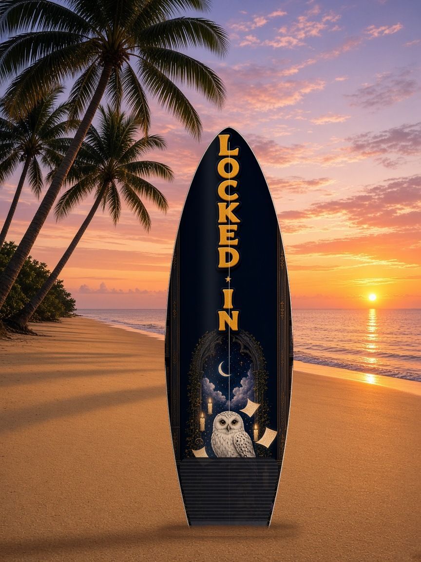 Owl Library Locked In surfboard wrap, top side