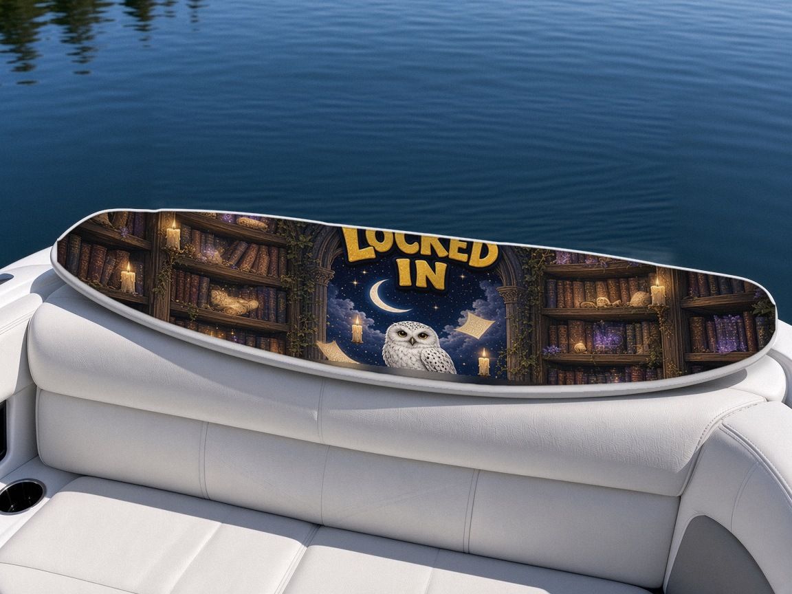 Owl Library Locked In wakeboard, on the boat wrap, top side