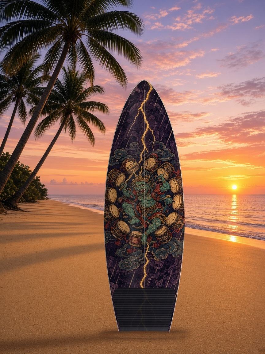 Raijin Thunder Drums surfboard wrap, top side