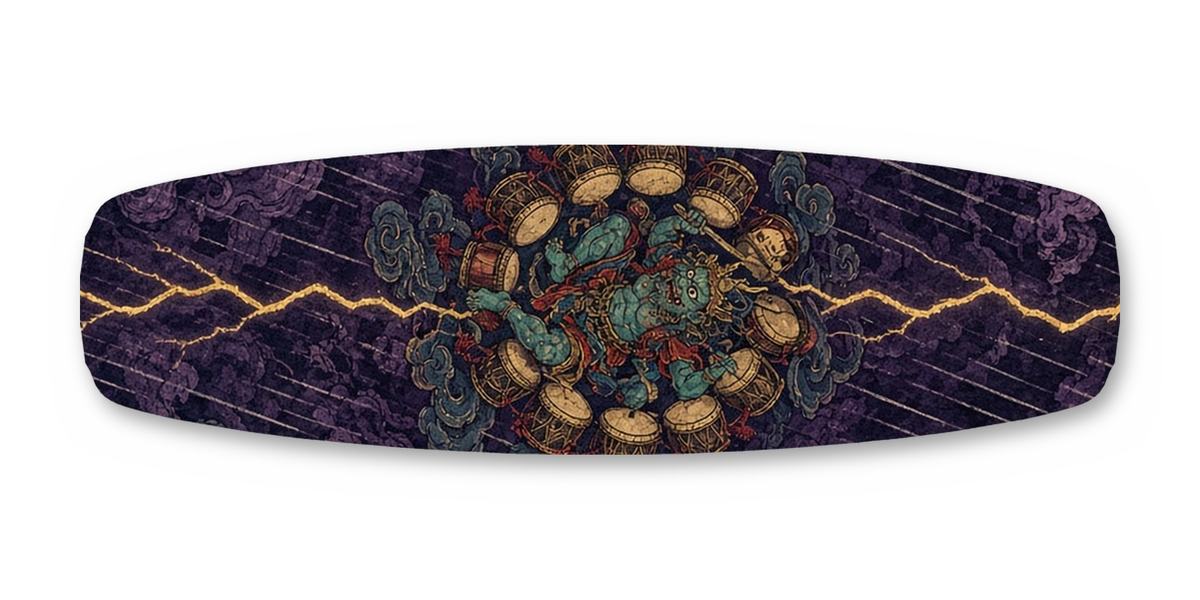 Raijin Thunder Drums wakeboard, studio shot wrap, top side