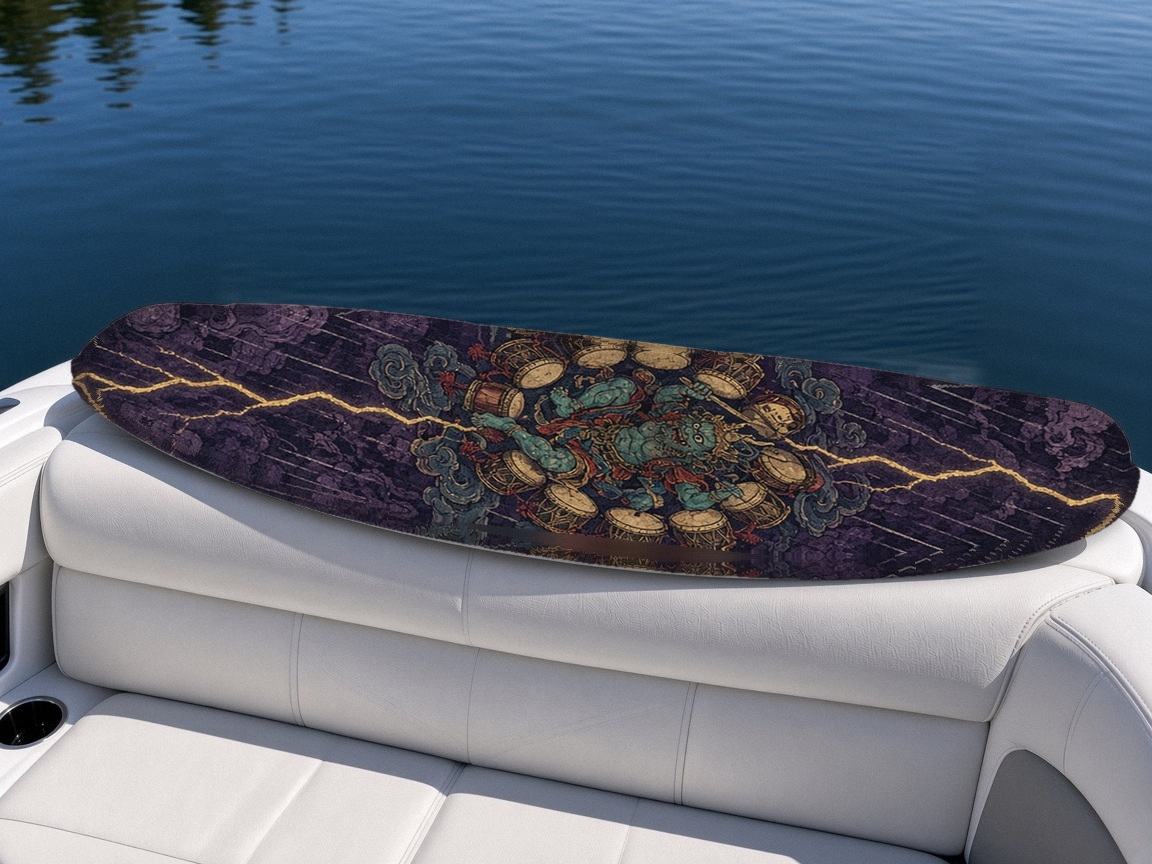 Raijin Thunder Drums wakeboard, on the boat wrap, top side