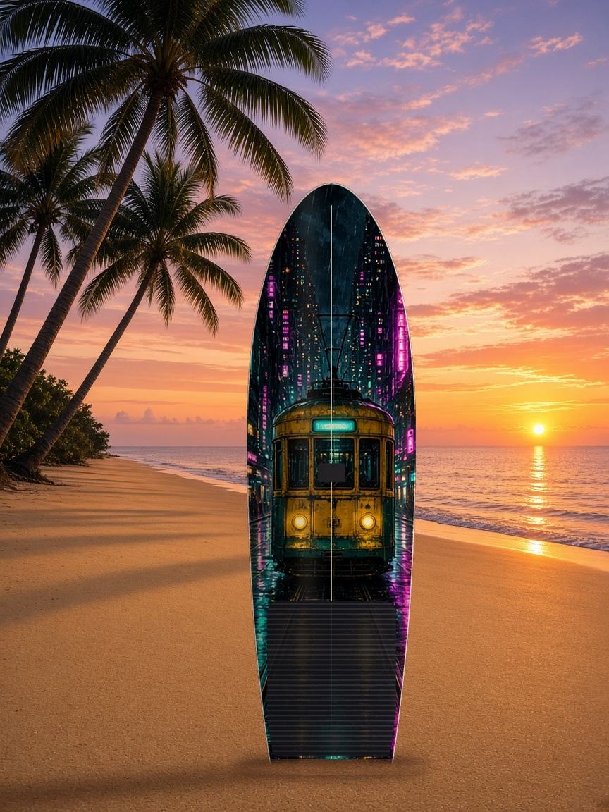 Rain Tram Street paddleboard wrap, top side