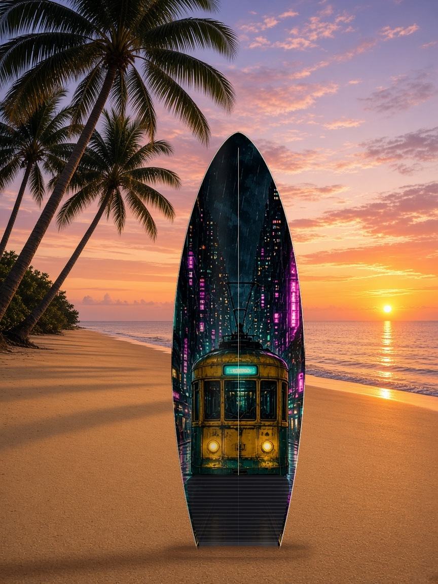 Rain Tram Street surfboard wrap, top side