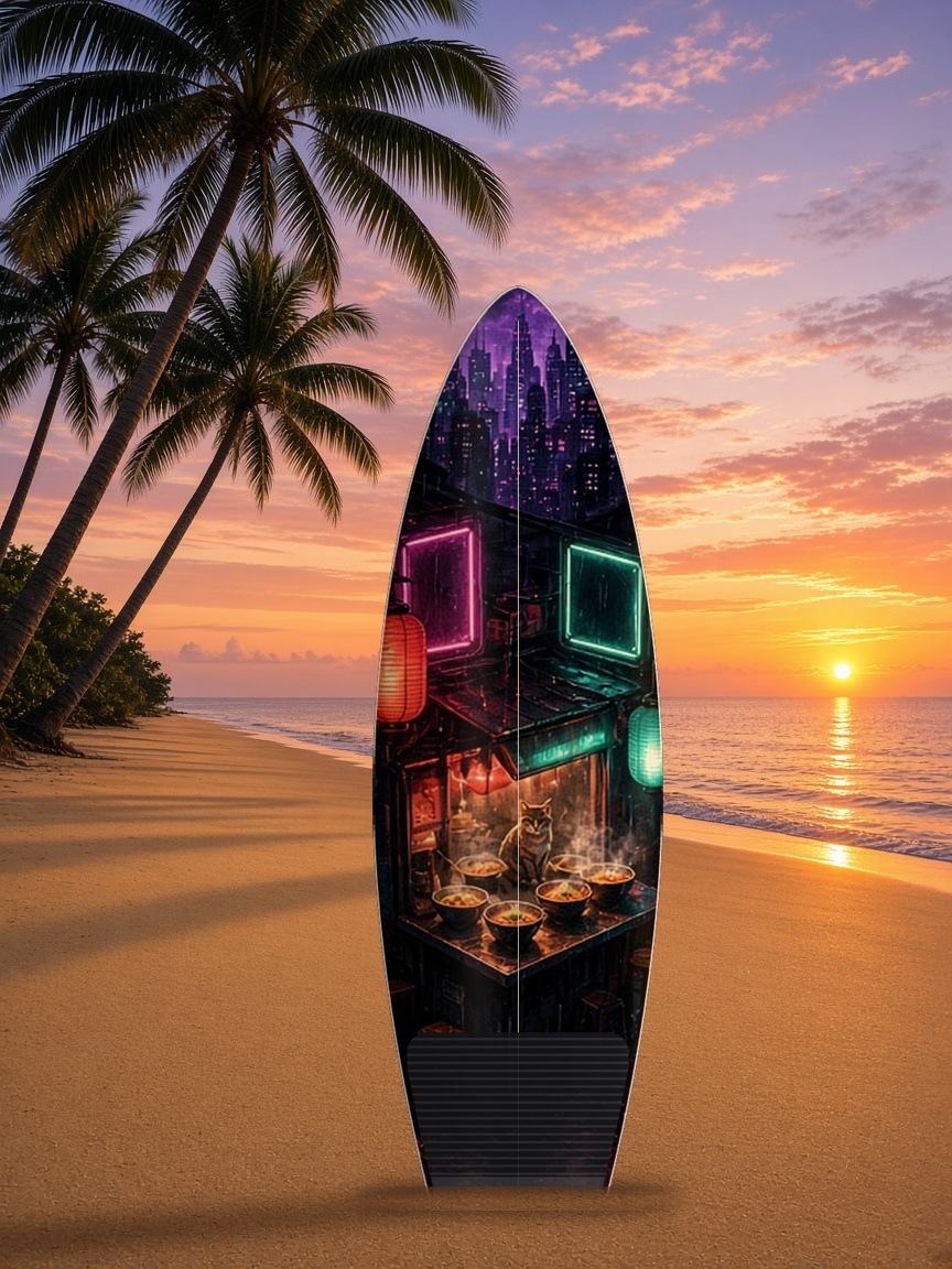Ramen Shop Rain surfboard wrap, top side