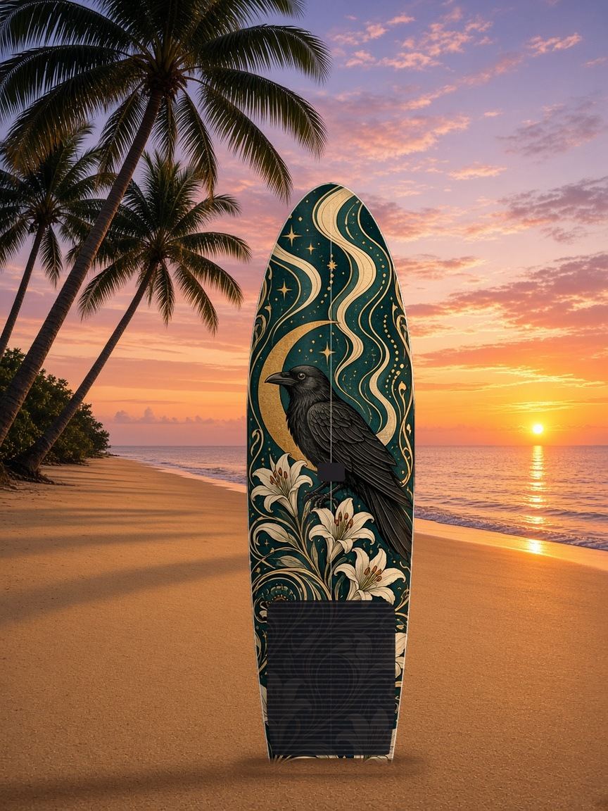 Raven Crescent Nouveau paddleboard wrap, top side
