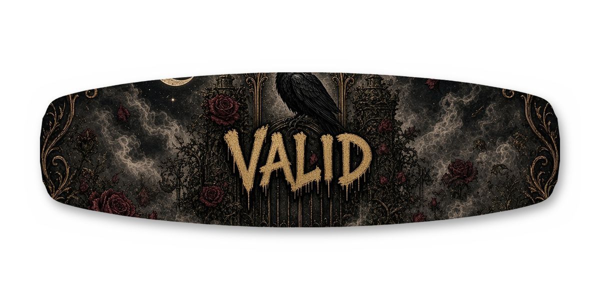 Raven Gravestone Valid wakeboard, studio shot wrap, top side