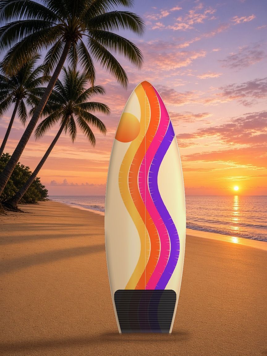 Retro Beach surfboard wrap, top side, Summer Water collection