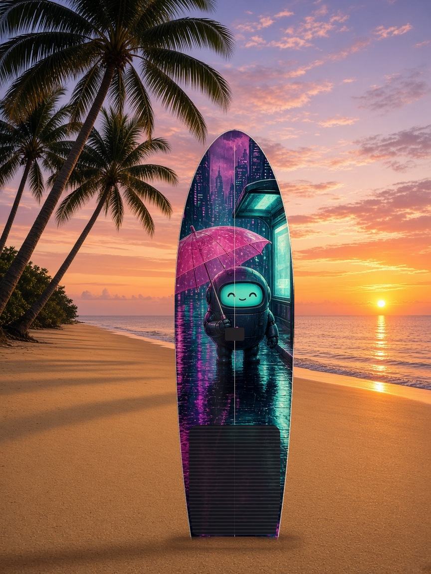 Robot Bus Stop Rain paddleboard wrap, top side