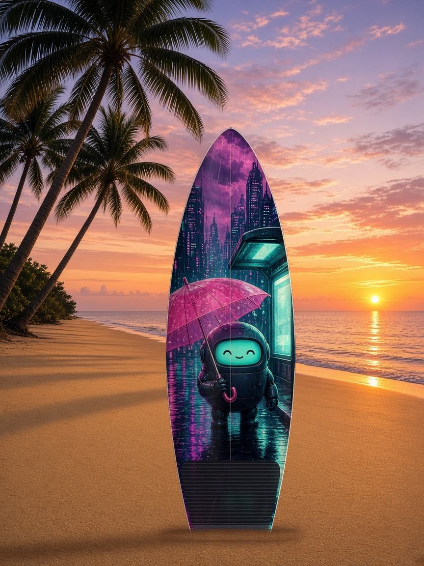 Robot Bus Stop Rain surfboard wrap, top side