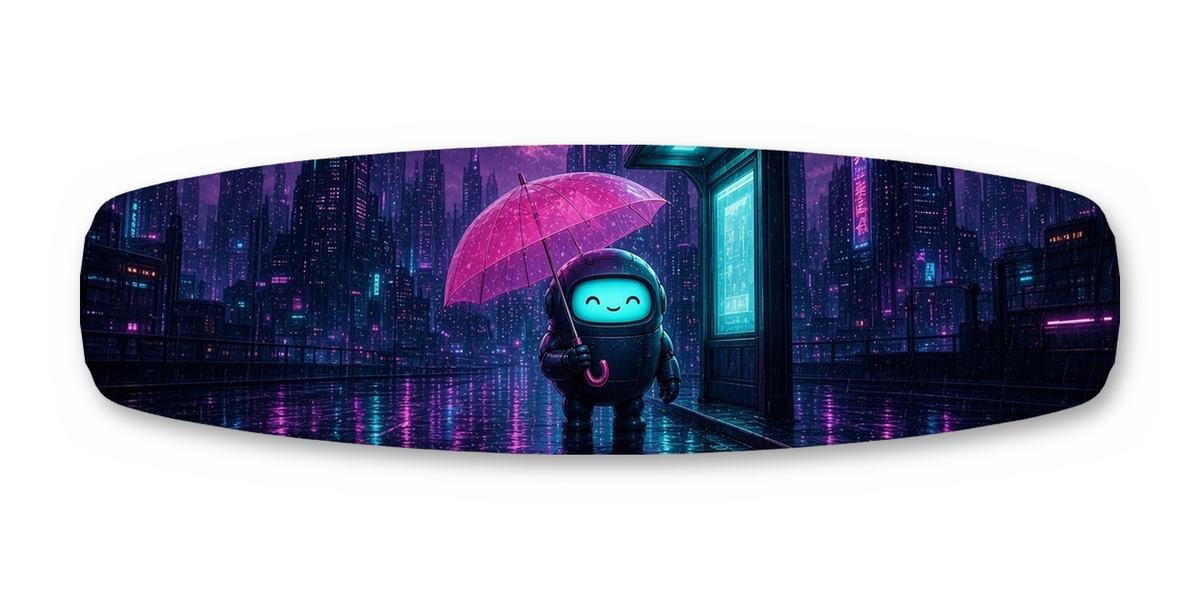 Robot Bus Stop Rain wakeboard, studio shot wrap, top side