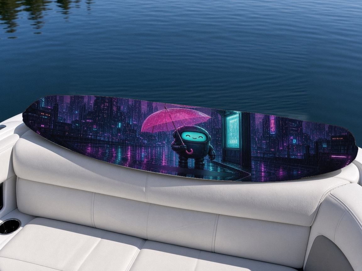 Robot Bus Stop Rain wakeboard, on the boat wrap, top side