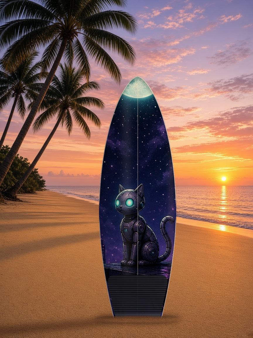 Robot Cat Moon Ledge surfboard wrap, top side