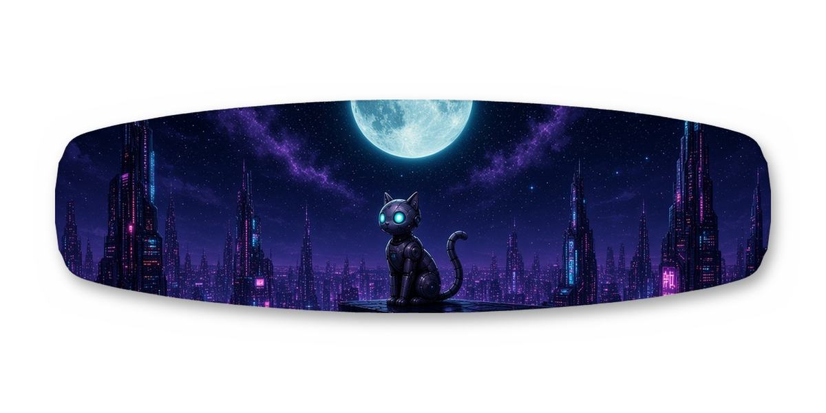 Robot Cat Moon Ledge wakeboard, studio shot wrap, top side