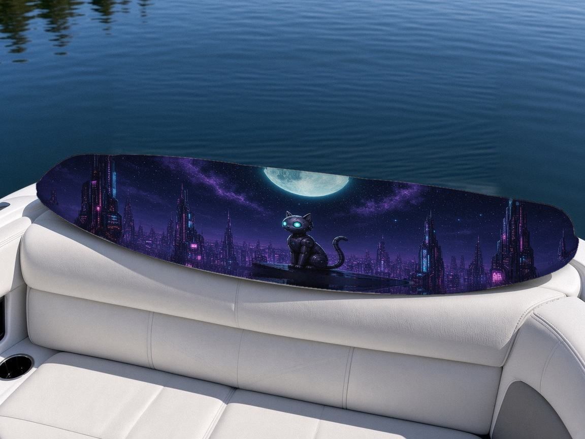 Robot Cat Moon Ledge wakeboard, on the boat wrap, top side