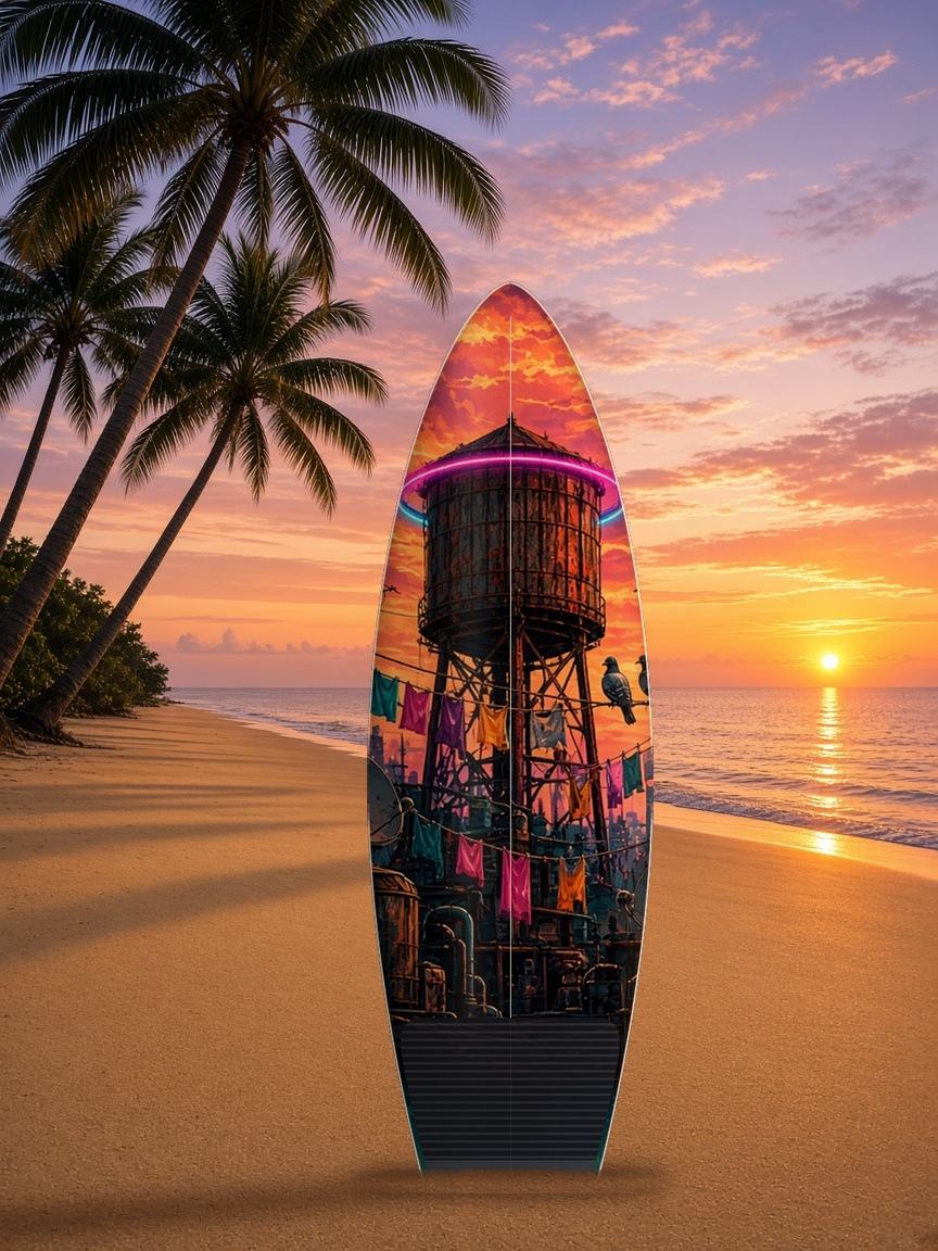 Rooftop Antenna Sunset surfboard wrap, top side