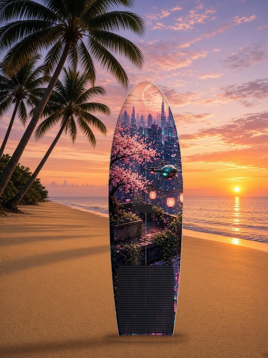 Rooftop Blossom Dusk paddleboard wrap, top side