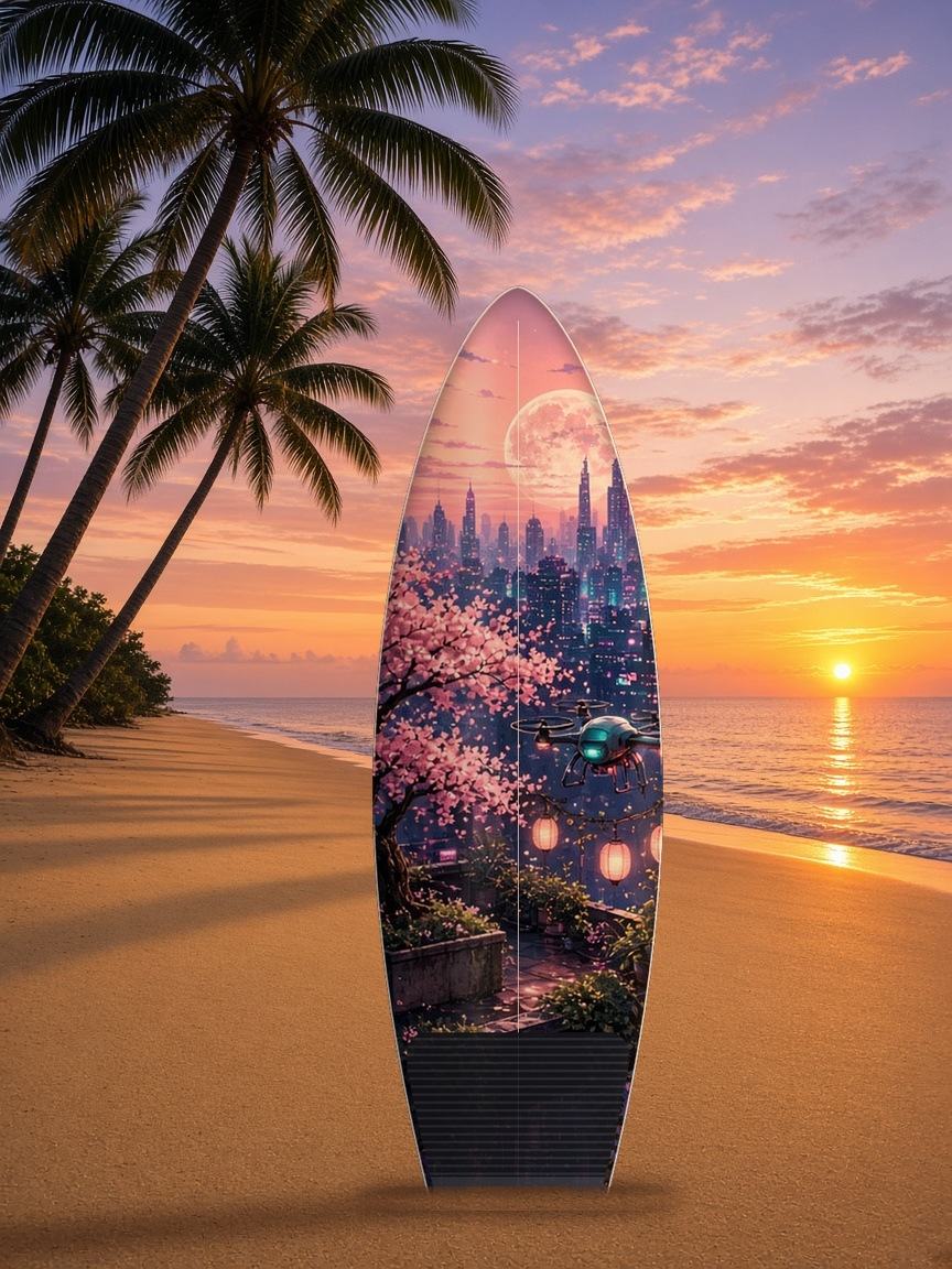 Rooftop Blossom Dusk surfboard wrap, top side