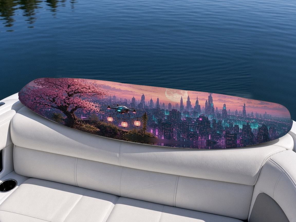 Rooftop Blossom Dusk wakeboard, on the boat wrap, top side