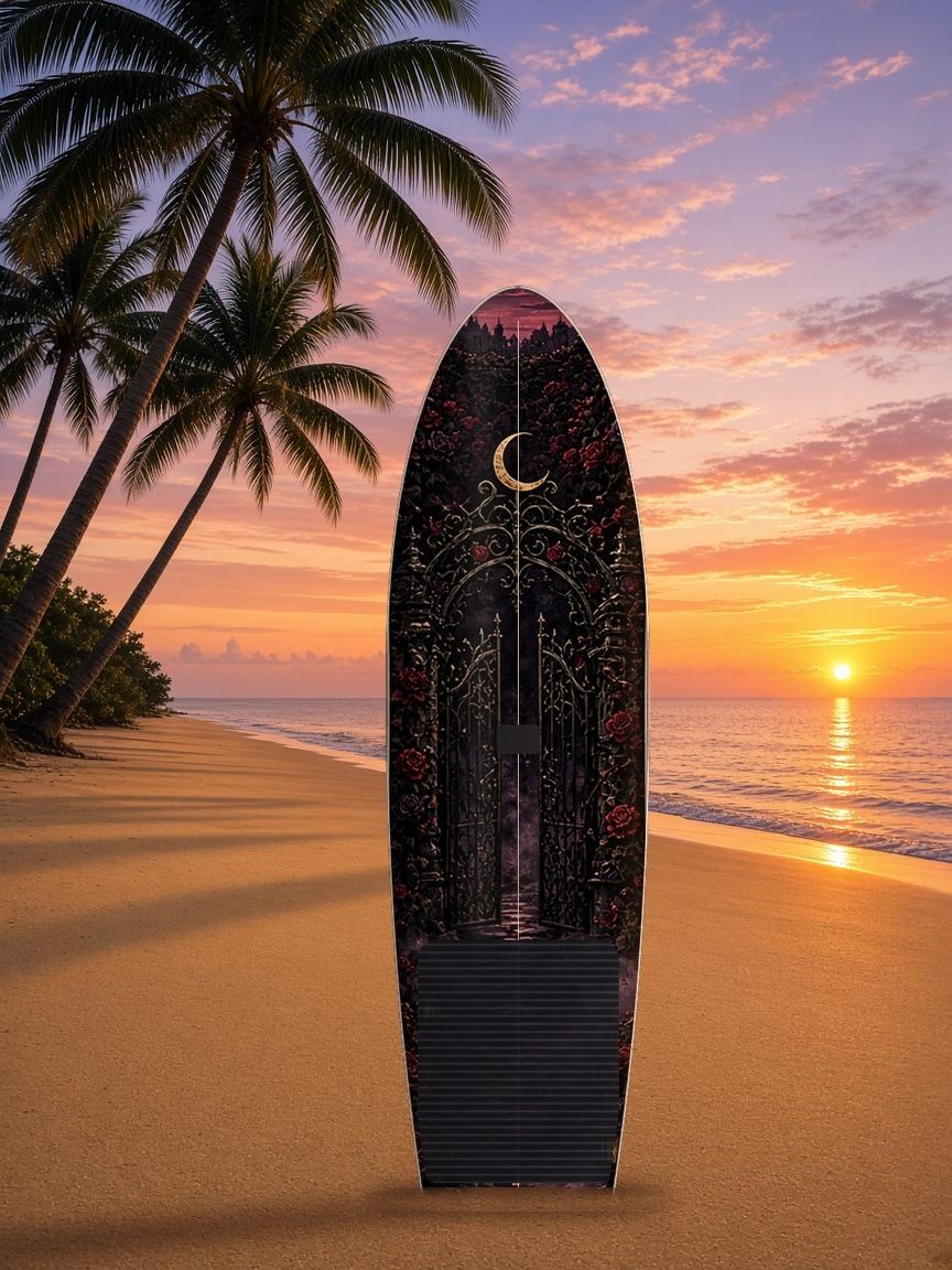 Rose Garden Crescent Gate paddleboard wrap, top side