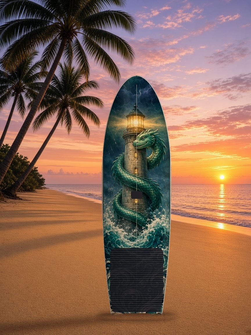 Sea Serpent Lighthouse Storm paddleboard wrap, top side
