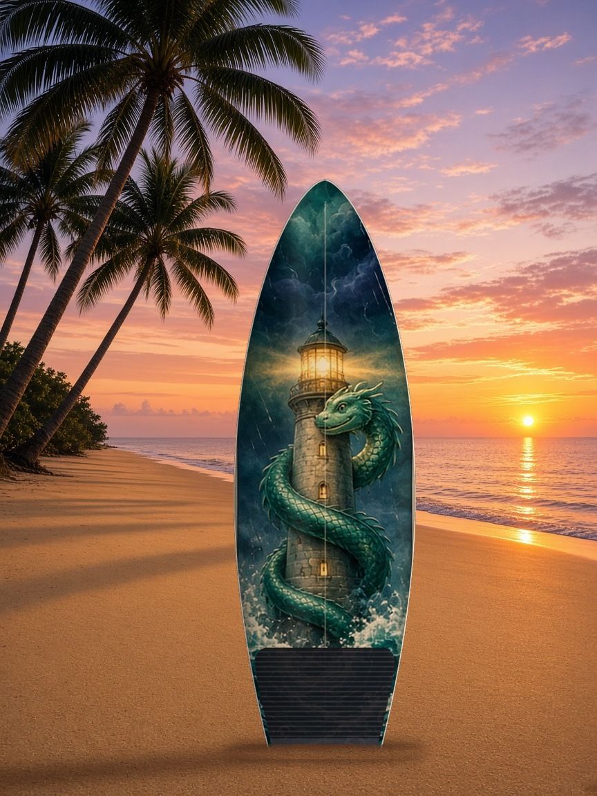 Sea Serpent Lighthouse Storm surfboard wrap, top side