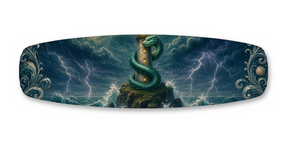 Sea Serpent Lighthouse Storm wakeboard, studio shot wrap, top side