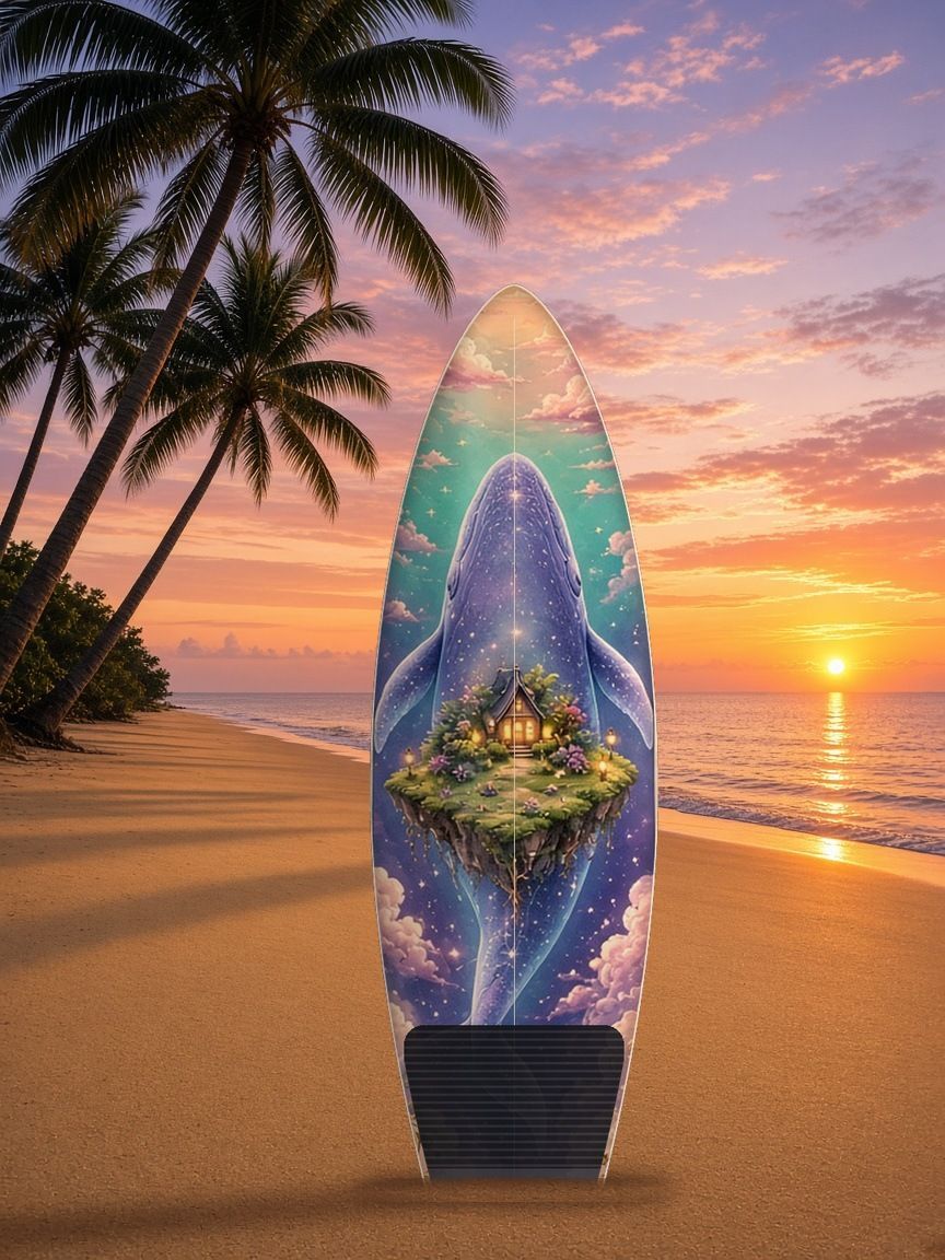 Sky Whale Floating Islands surfboard wrap, top side