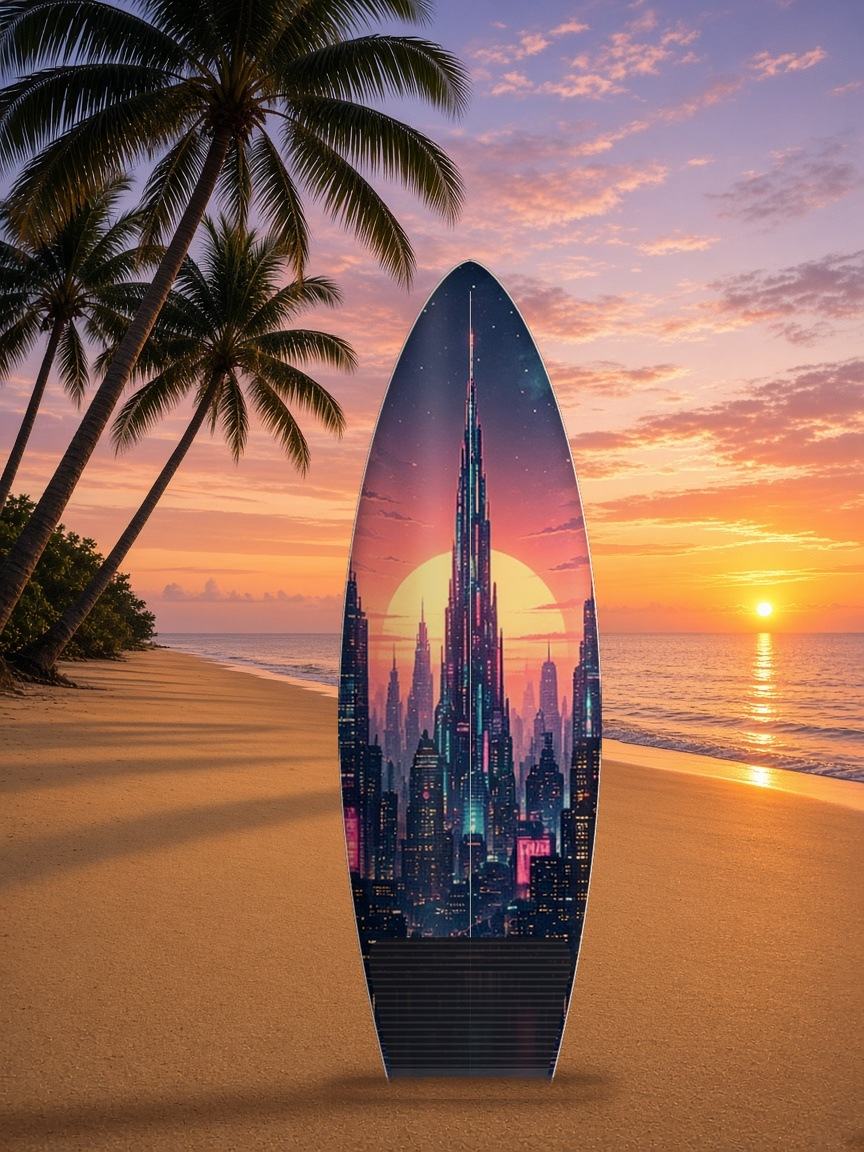 Skyline Dawn Bay surfboard wrap, top side
