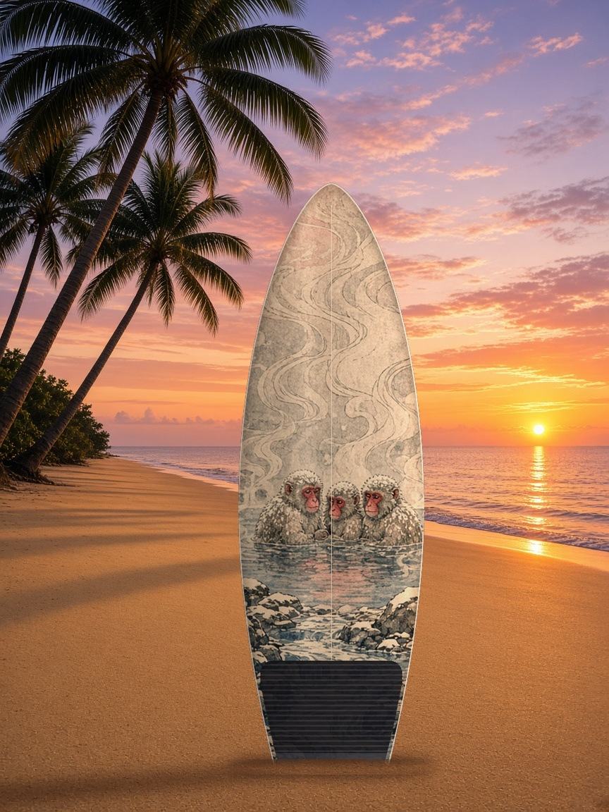 Snow Monkeys Hot Spring surfboard wrap, top side